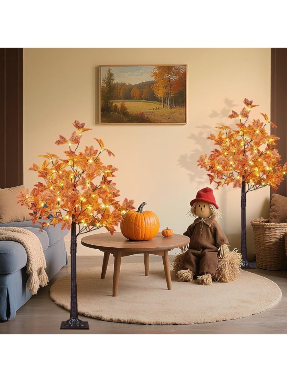 2PC 4FT Lighted Maple Trees with 144 LED Warm White Lights - Fall Halloween